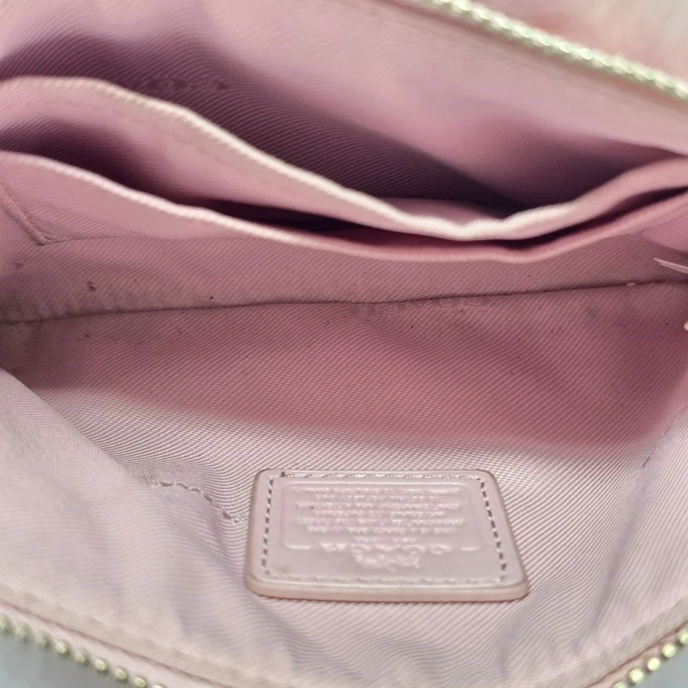 Coach Pink Heart Print Pebbled Leather Wristlet Zip Top Wallet Silver Logo